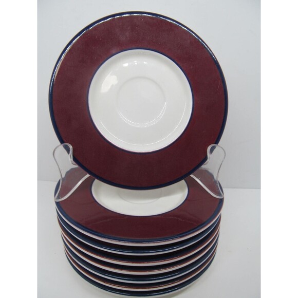 Pagnossin Treviso  Maroon With Blue Trim 6" Saucers Set Of 8 - Picture 1 of 9